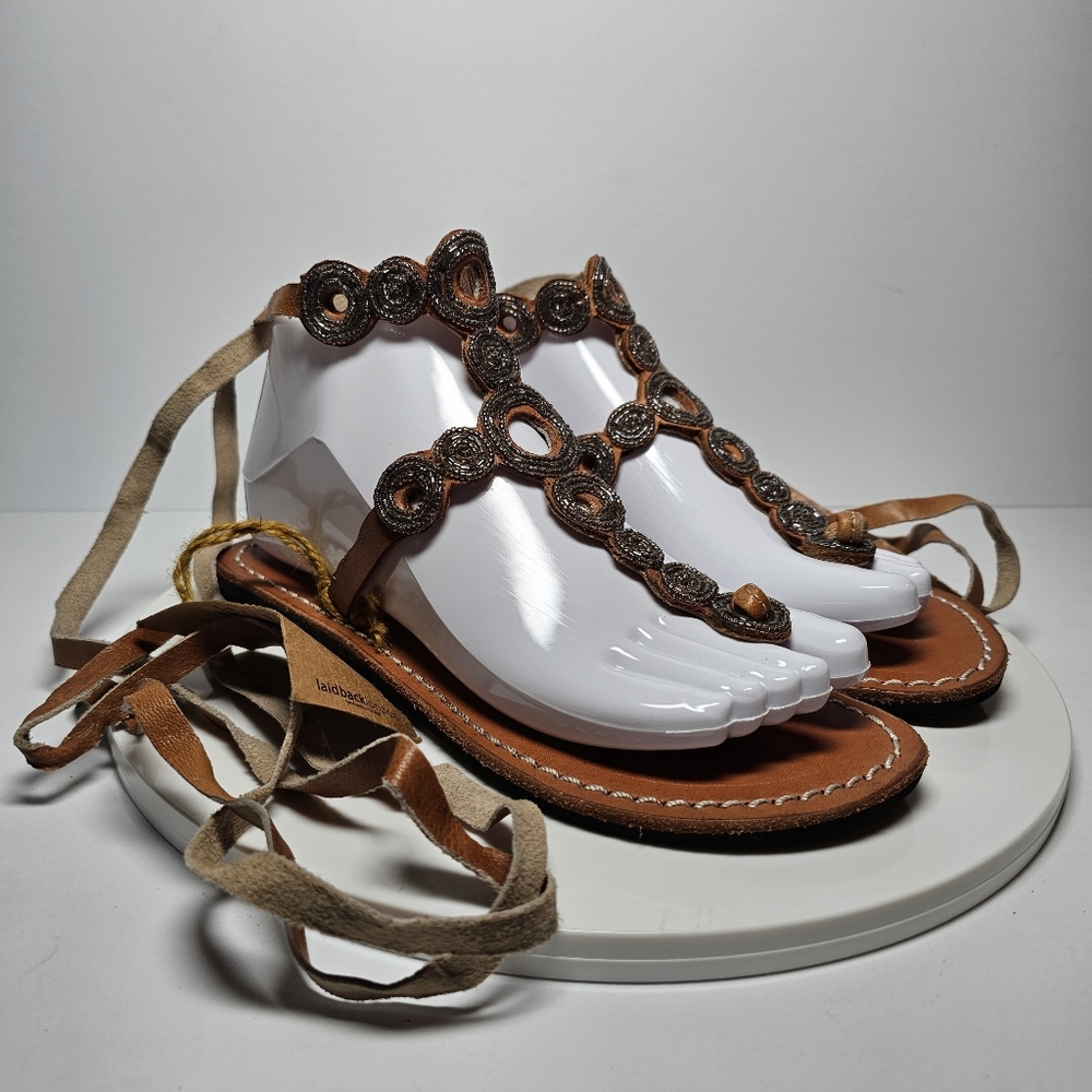 Brown Beaded T-Strap Sandals with Lace-Up Ankle Tie